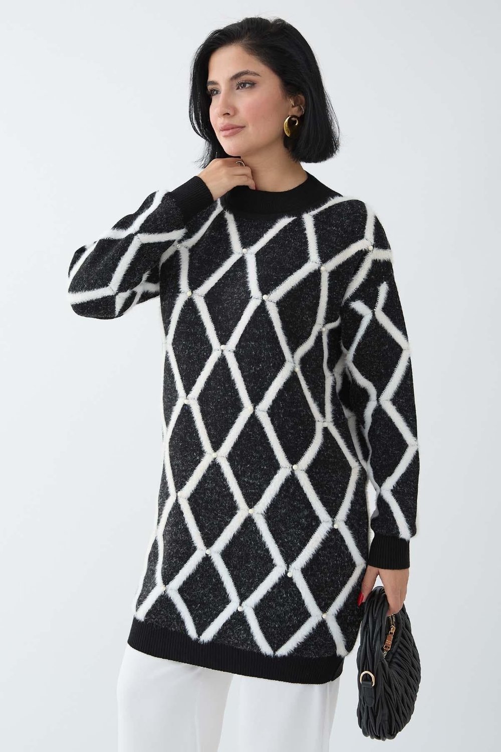 Striped Pearl Detail Black Knit Sweater
