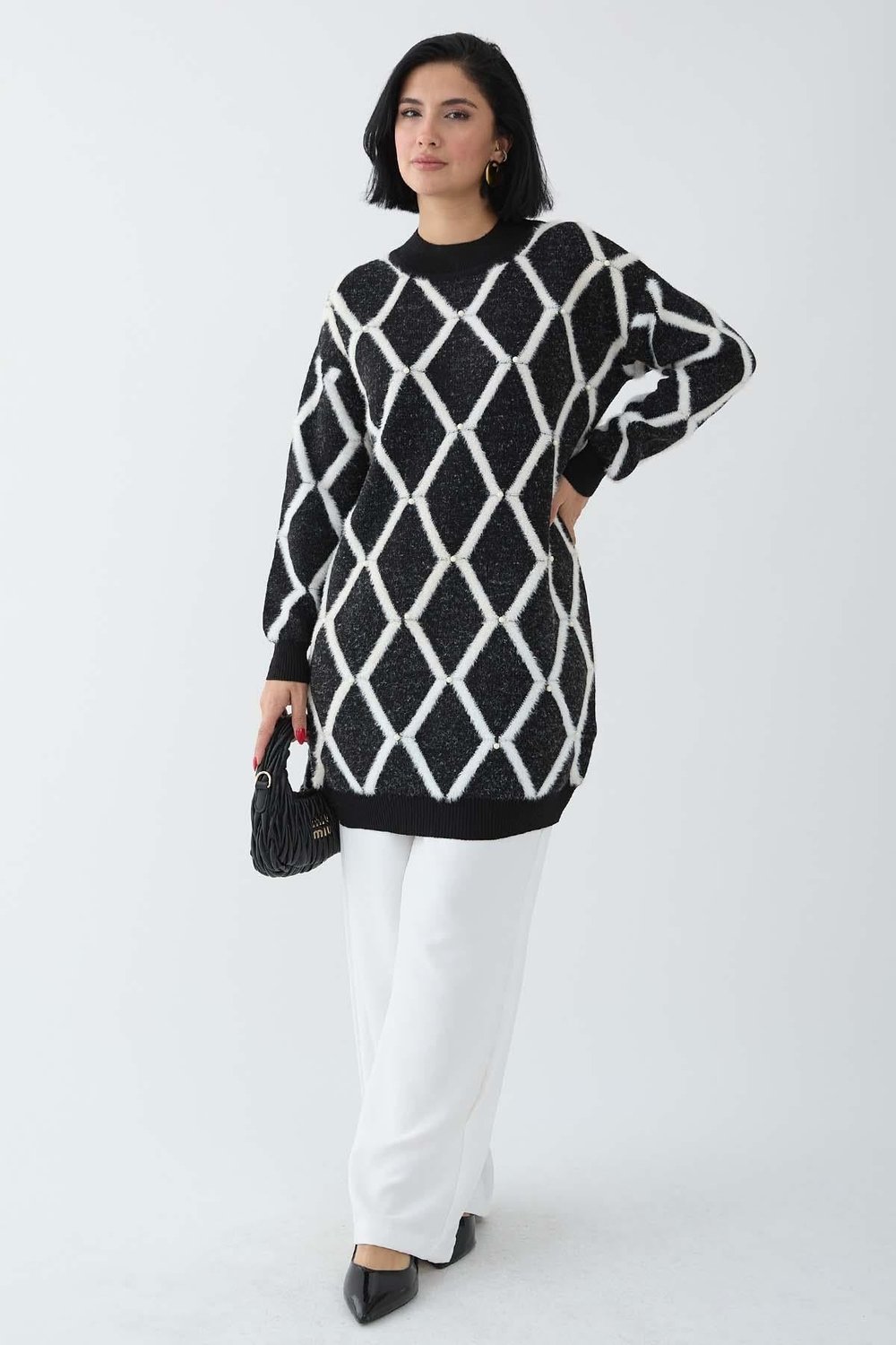 Striped Pearl Detail Black Knit Sweater