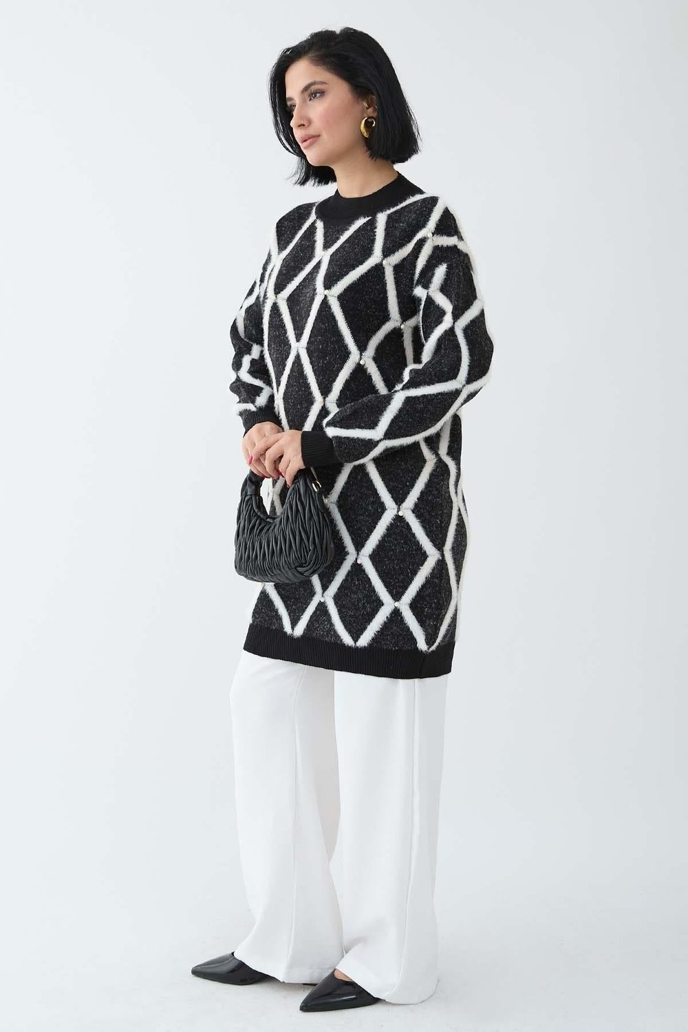 Striped Pearl Detail Black Knit Sweater