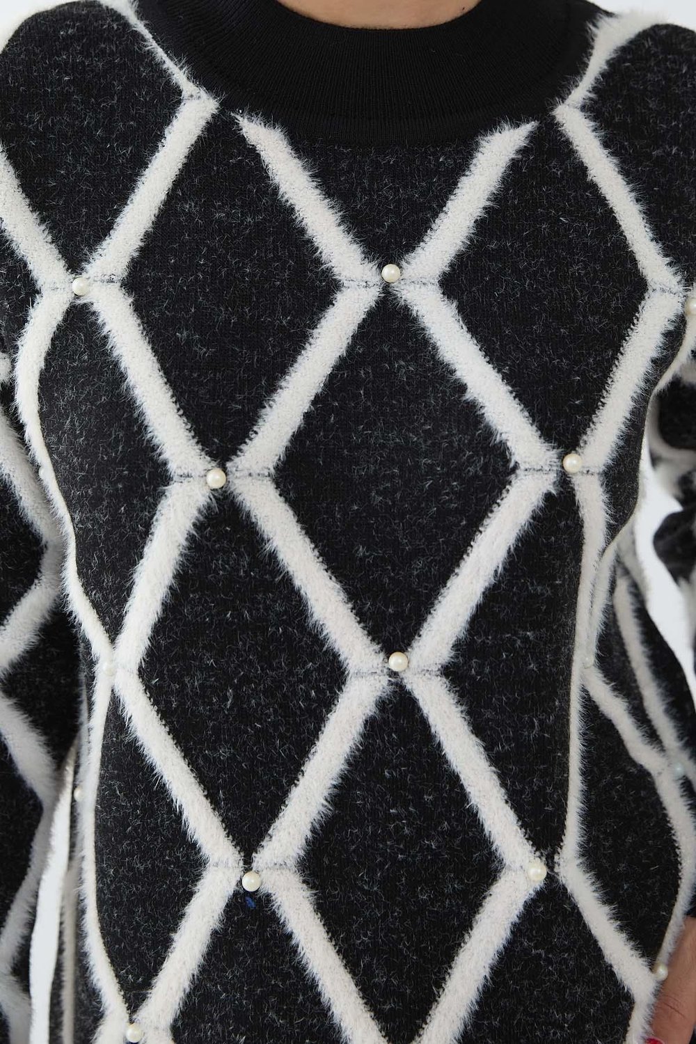 Striped Pearl Detail Black Knit Sweater