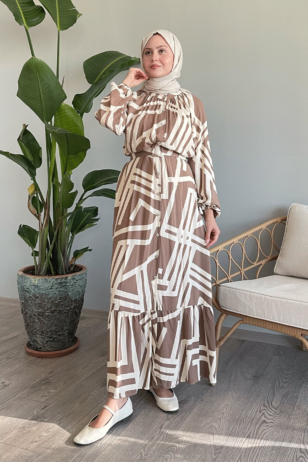 Şeritli Kemerli Camel Viskon Elbise