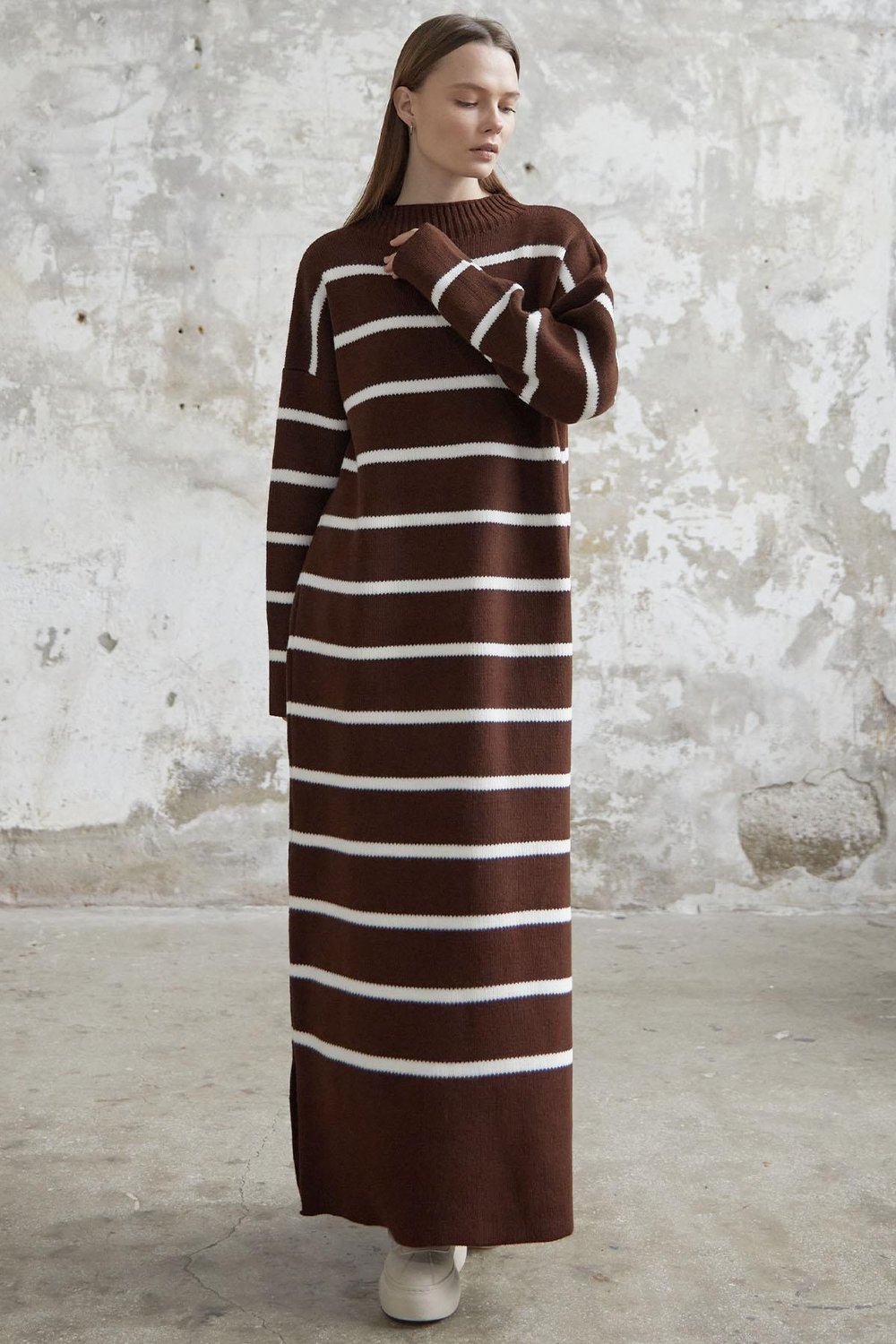 Şeritli Triko Elbise - Acı Kahve