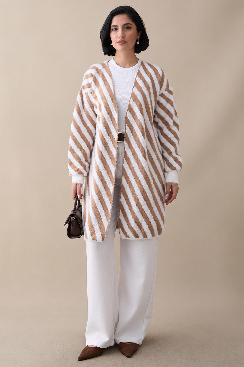 Striped Furry Camel Knit Cardigan