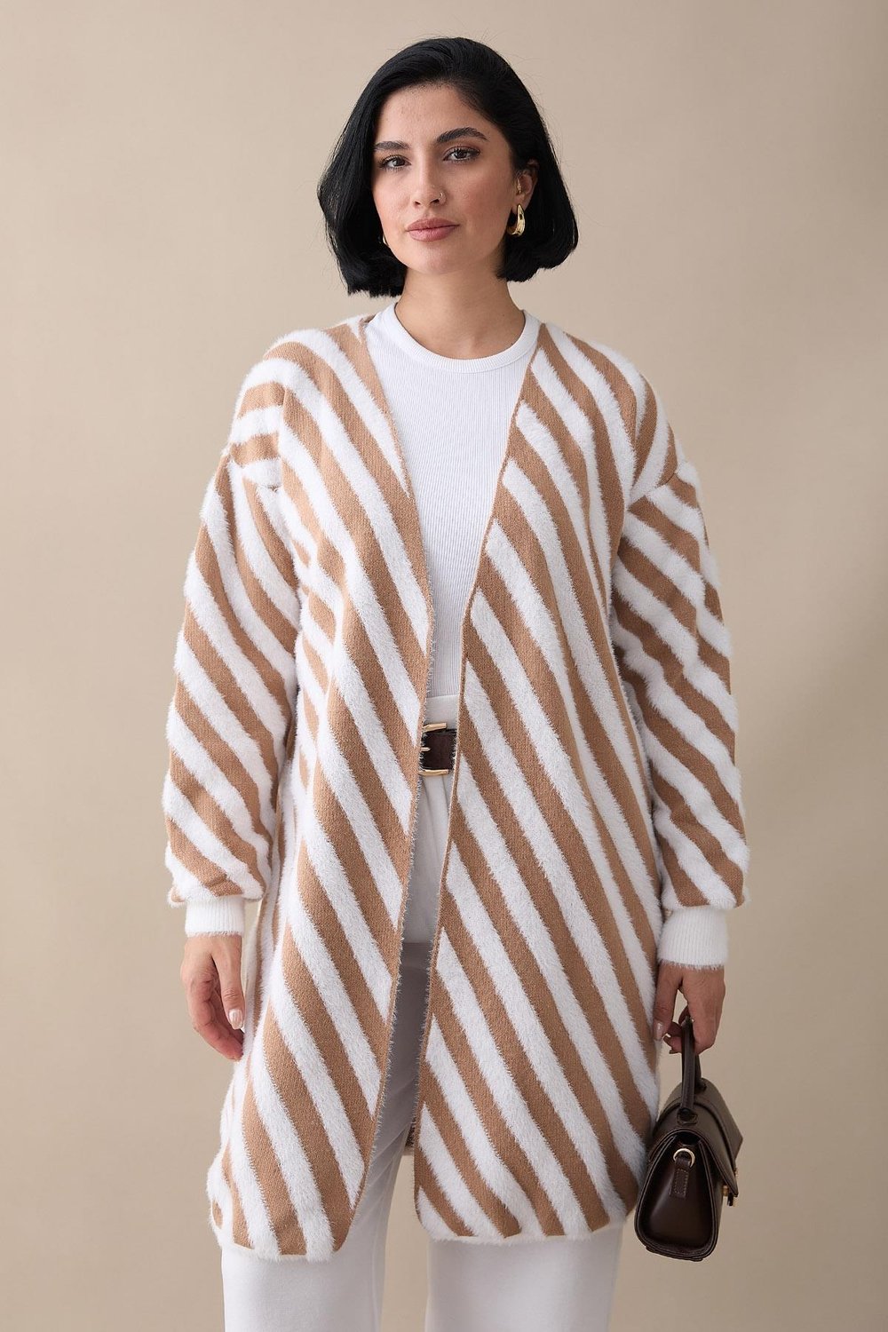 Striped Furry Camel Knit Cardigan