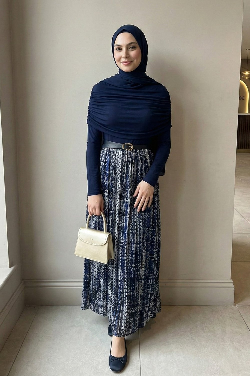Şifon Saten Kemerli Drapeli Lacivert Batik Desen Elbise