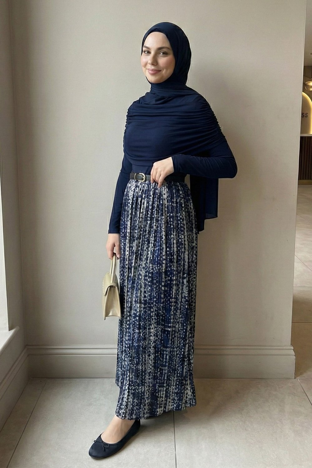 Şifon Saten Kemerli Drapeli Lacivert Batik Desen Elbise
