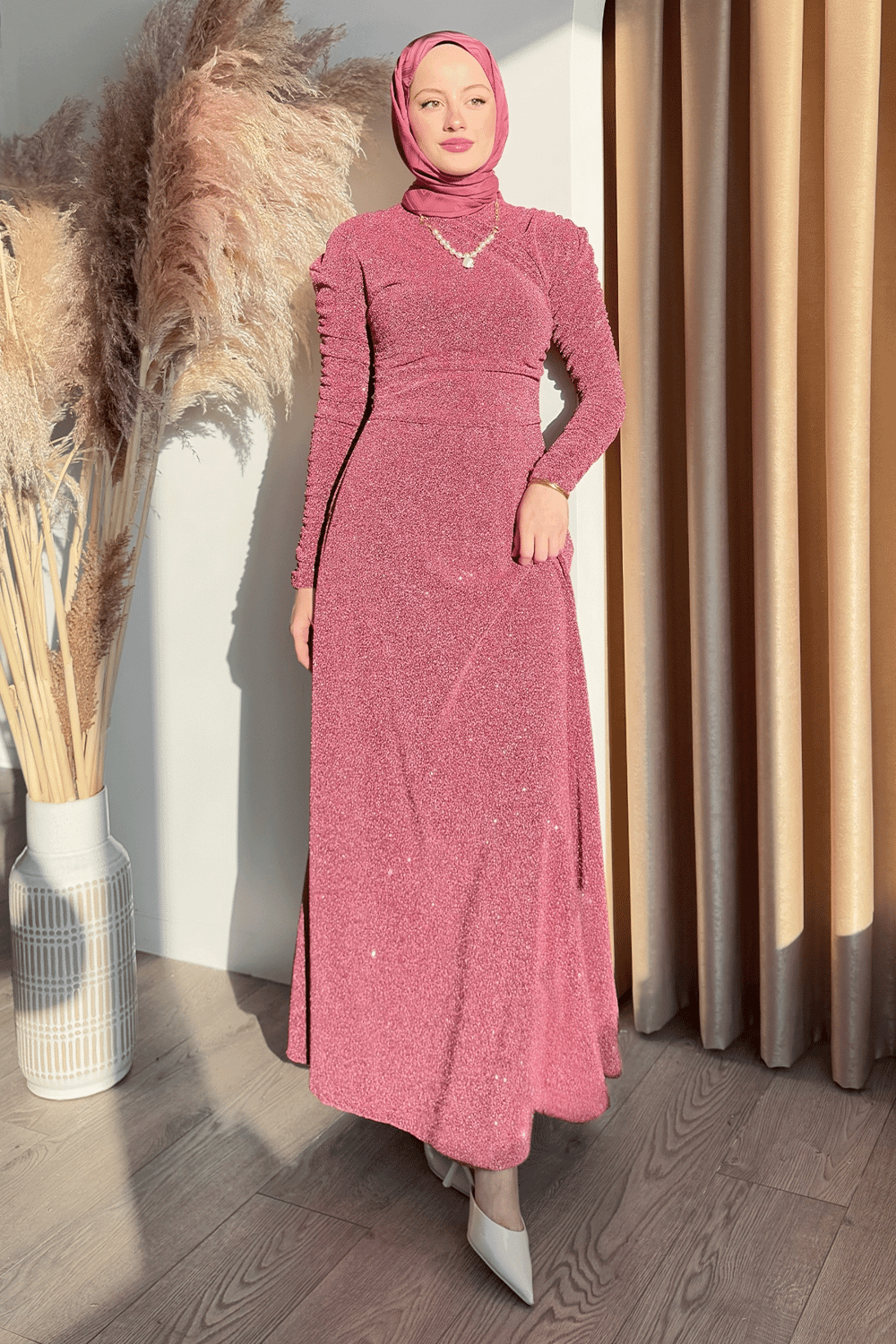 Simli Kruvaze Büzgülü Pembe Elbise