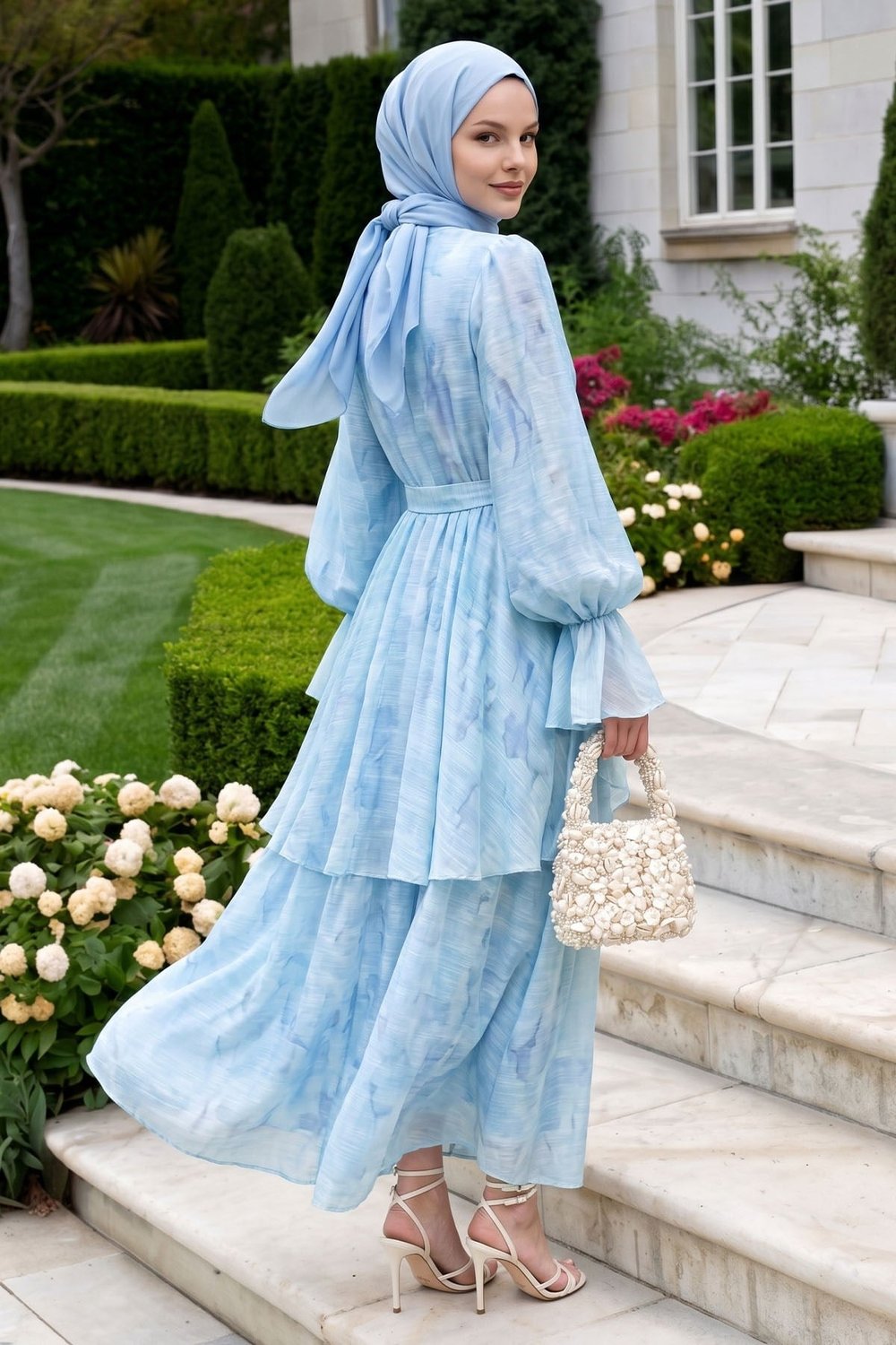 Soft Desen Gold Tokalı Bebe Mavisi Elbise