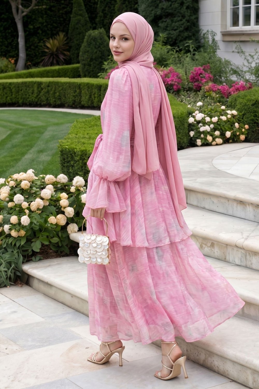 Soft Desen Gold Tokalı Pembe Elbise
