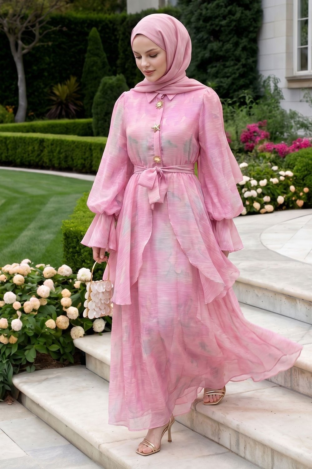 Soft Desen Gold Tokalı Pembe Elbise