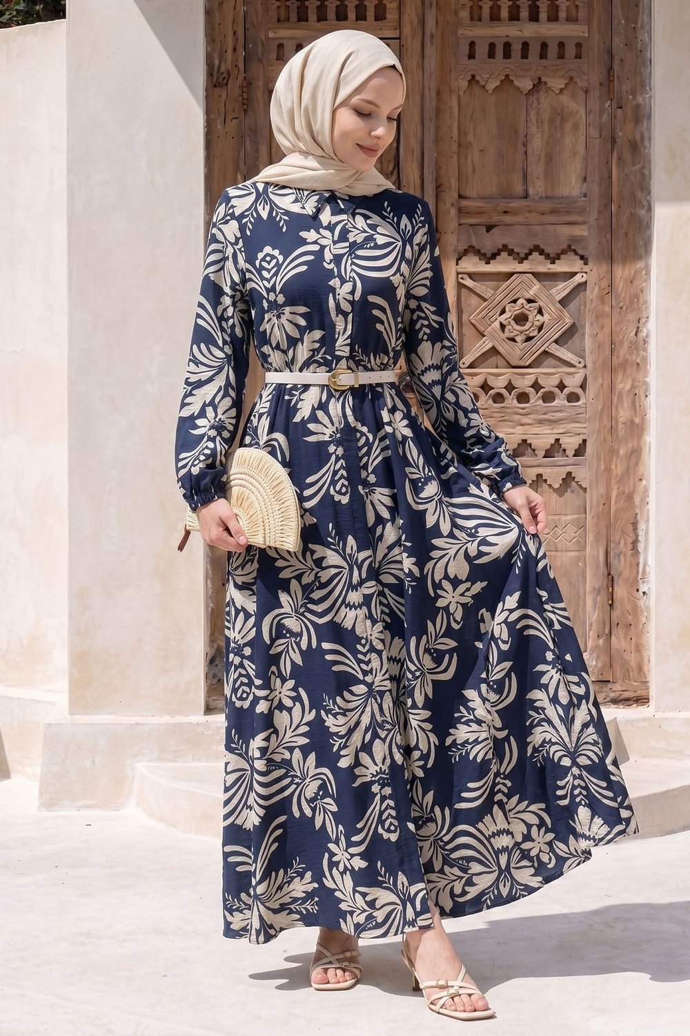 Soft Desenli Kemerli Lacivert Elbise
