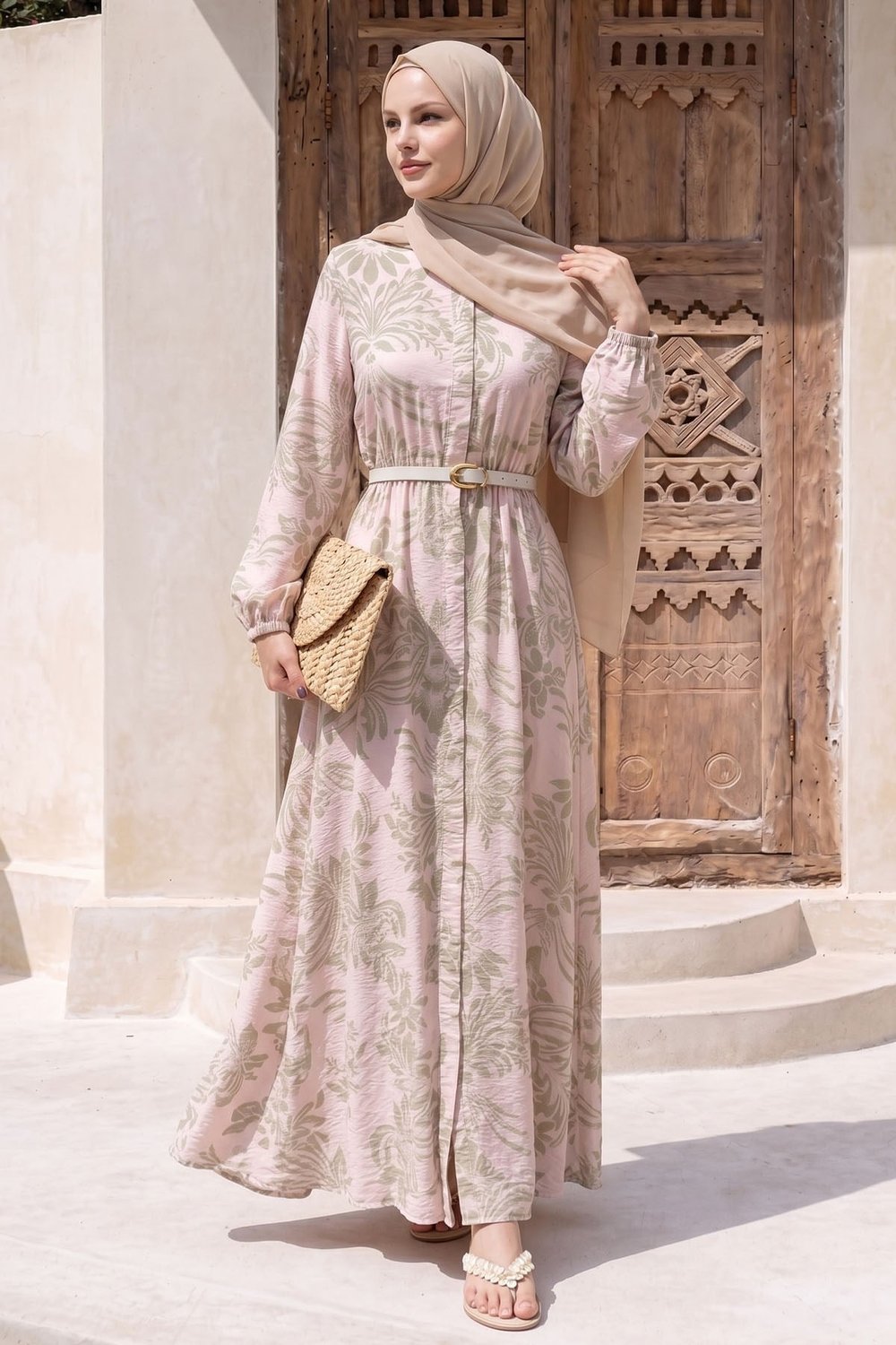 Soft Desenli Kemerli Pudra Elbise