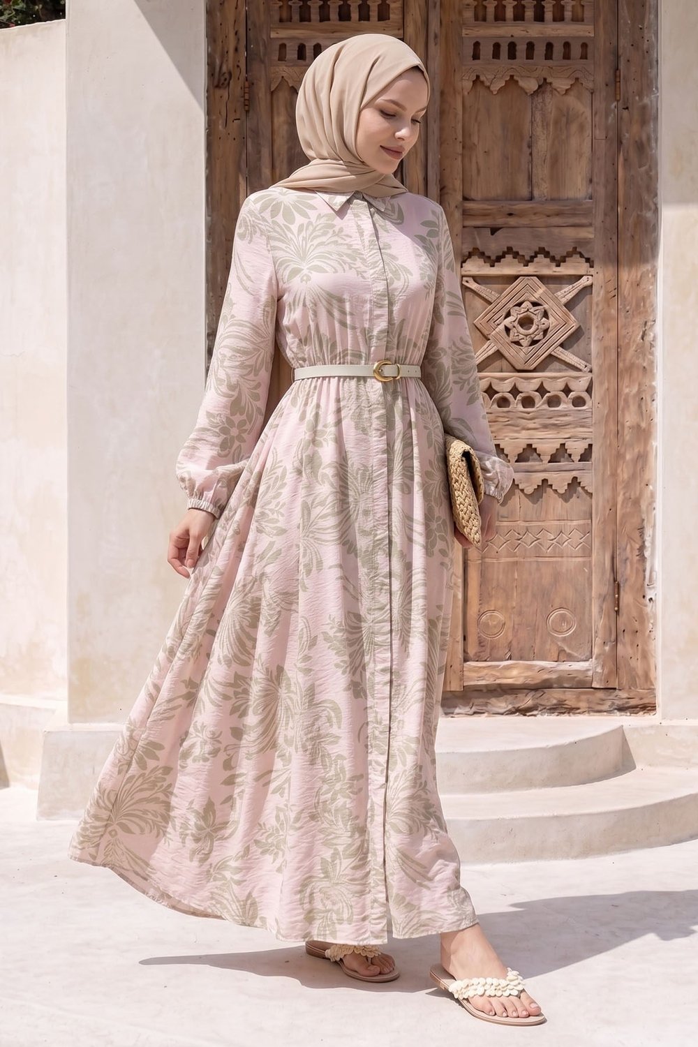 Soft Desenli Kemerli Pudra Elbise