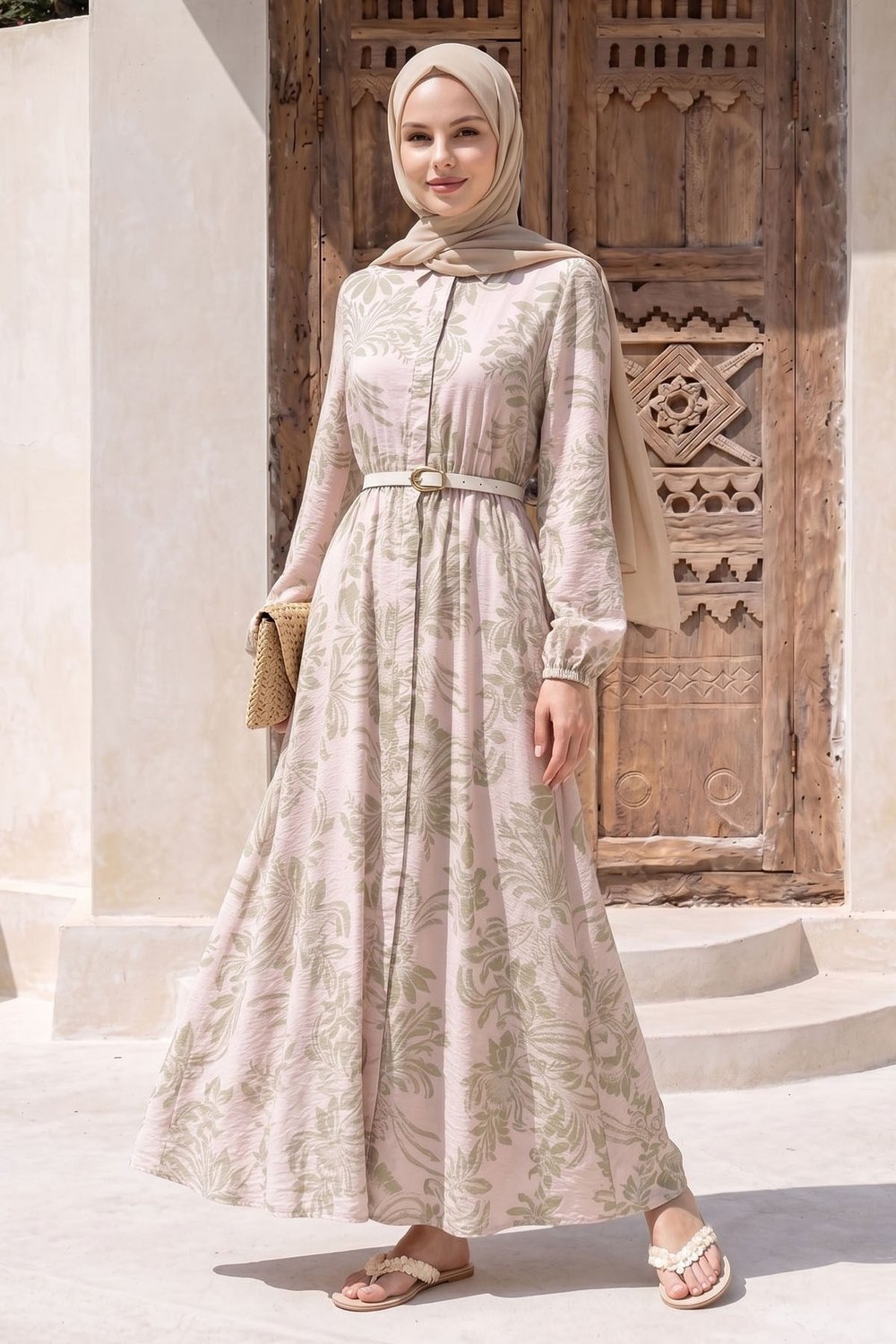 Soft Desenli Kemerli Pudra Elbise
