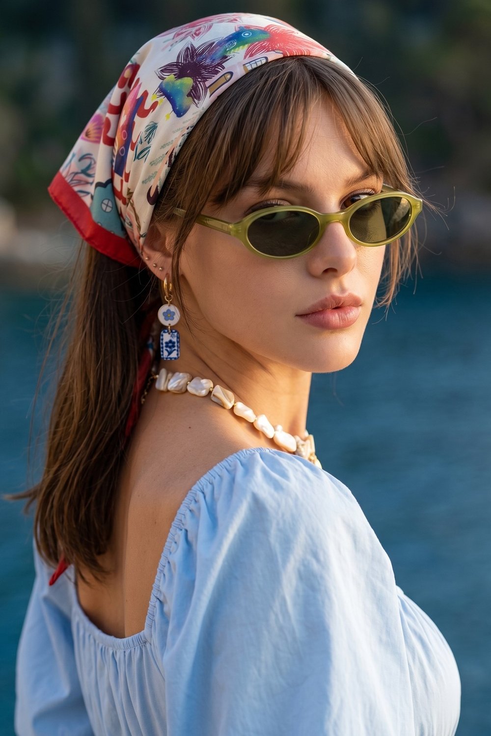 Soyut Çiçeksi Desenli Nar Çiçeği Bandana Fular 50x50