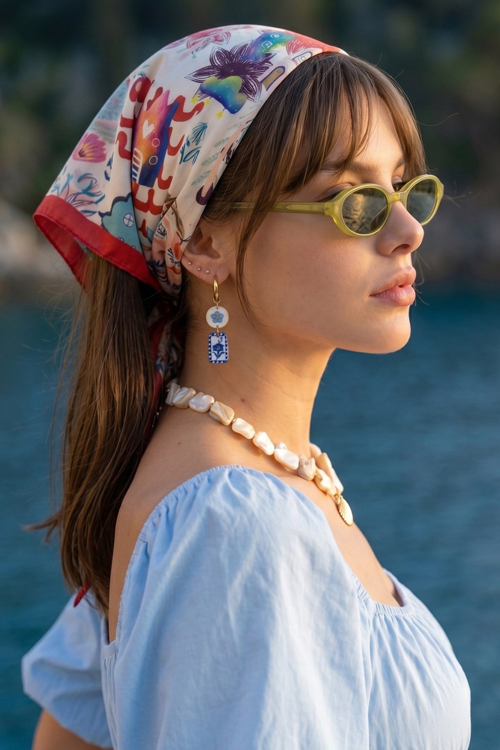 Soyut Çiçeksi Desenli Nar Çiçeği Bandana Fular 50x50