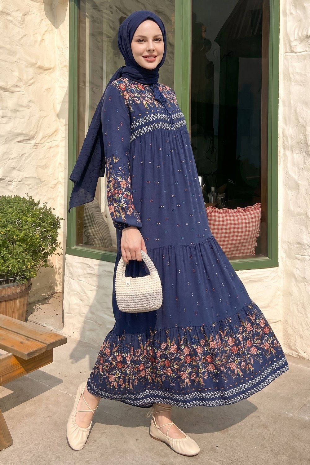 Watercolor Pattern Loose Dress - Navy