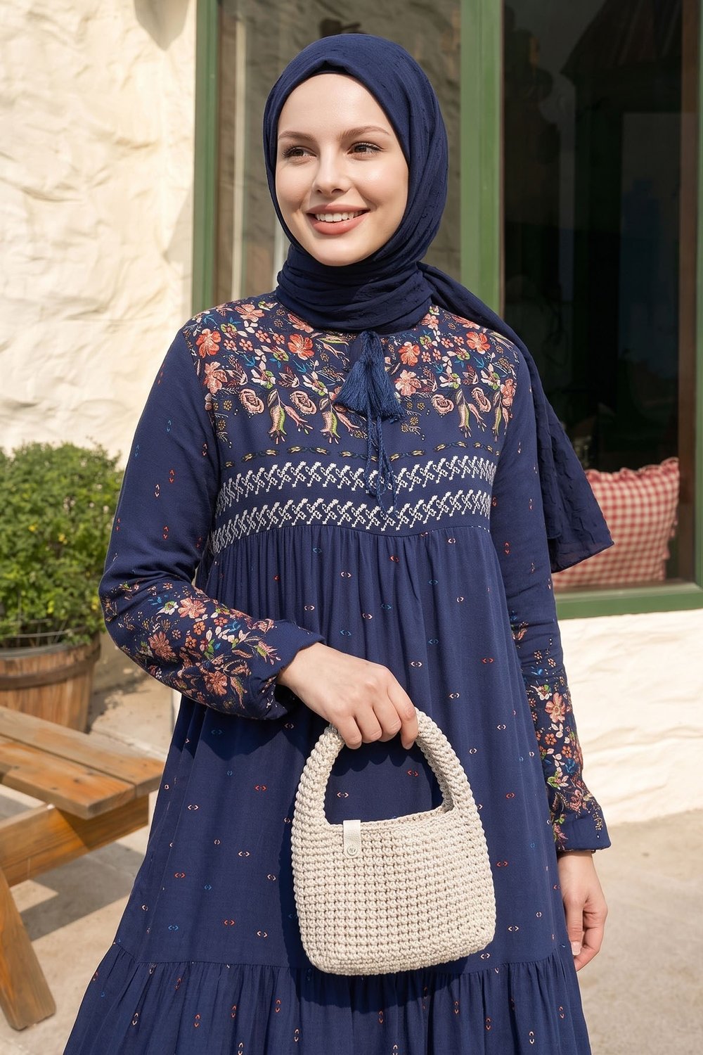 Watercolor Pattern Loose Dress - Navy