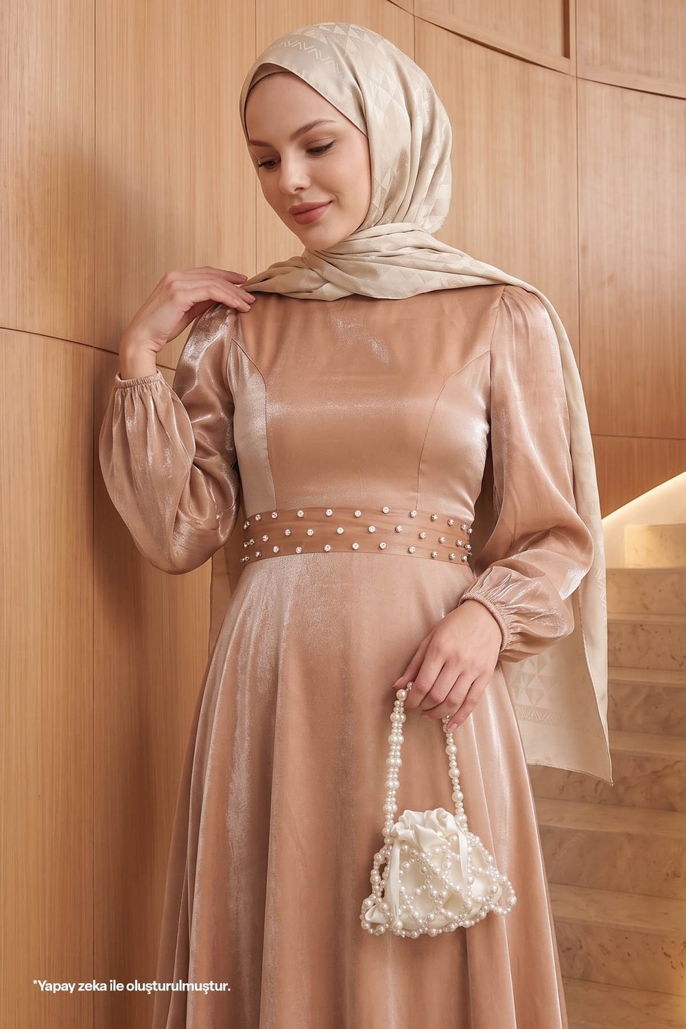 Stone Belted Shimmering Brown Satin Dress