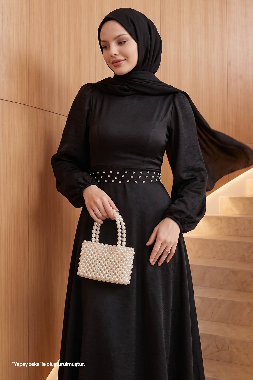 Stone Belt Glitter Black Satin Dress