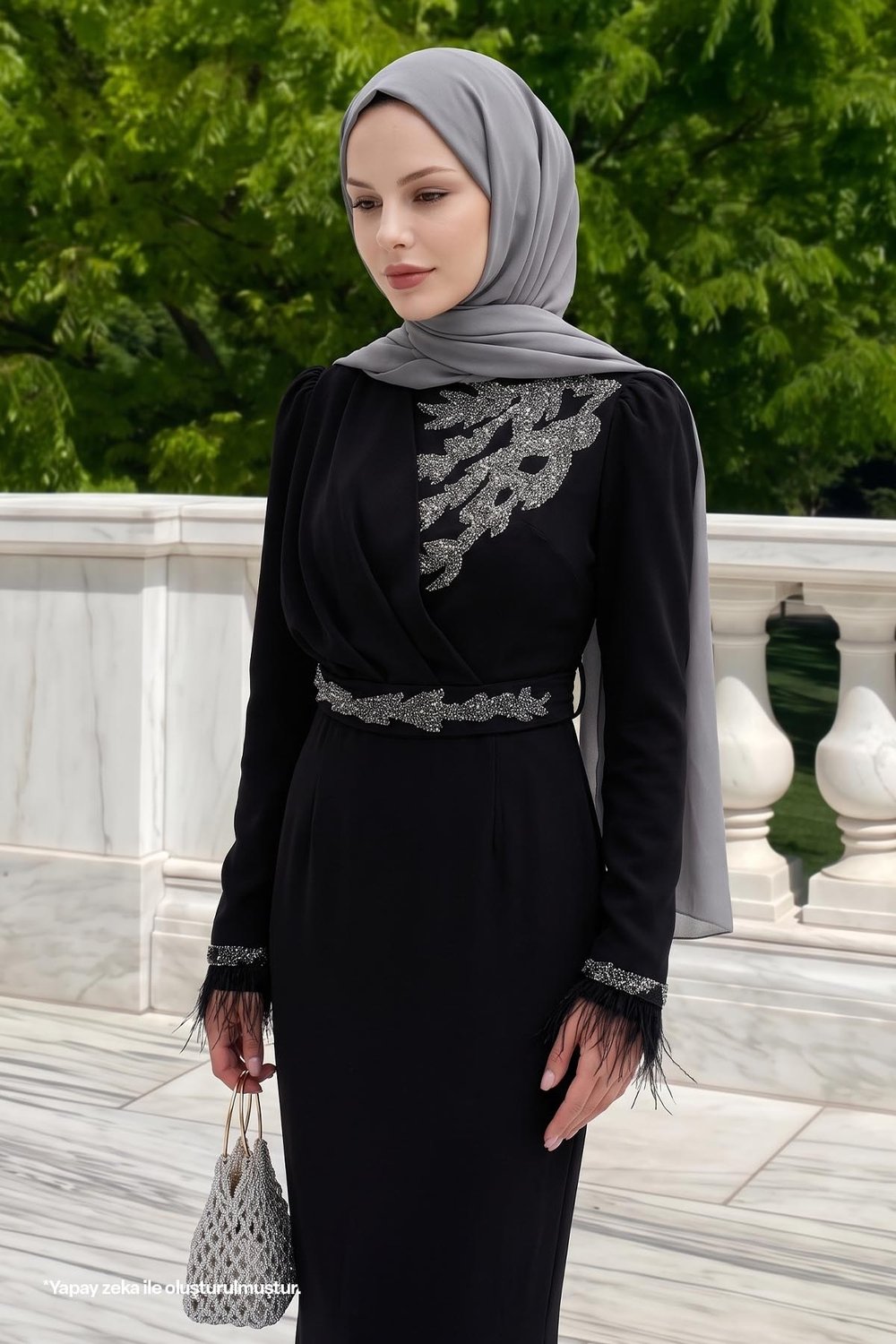 Simli Tüylü Siyah Abiye