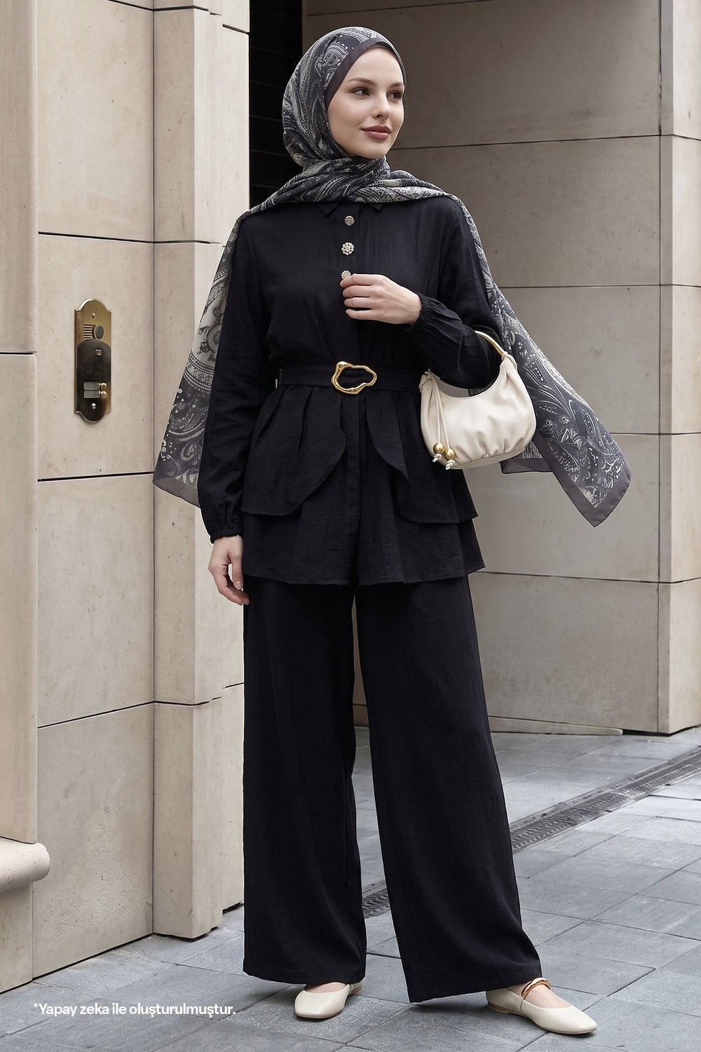 Taşlı Düğmeli Siyah İkili Takım
