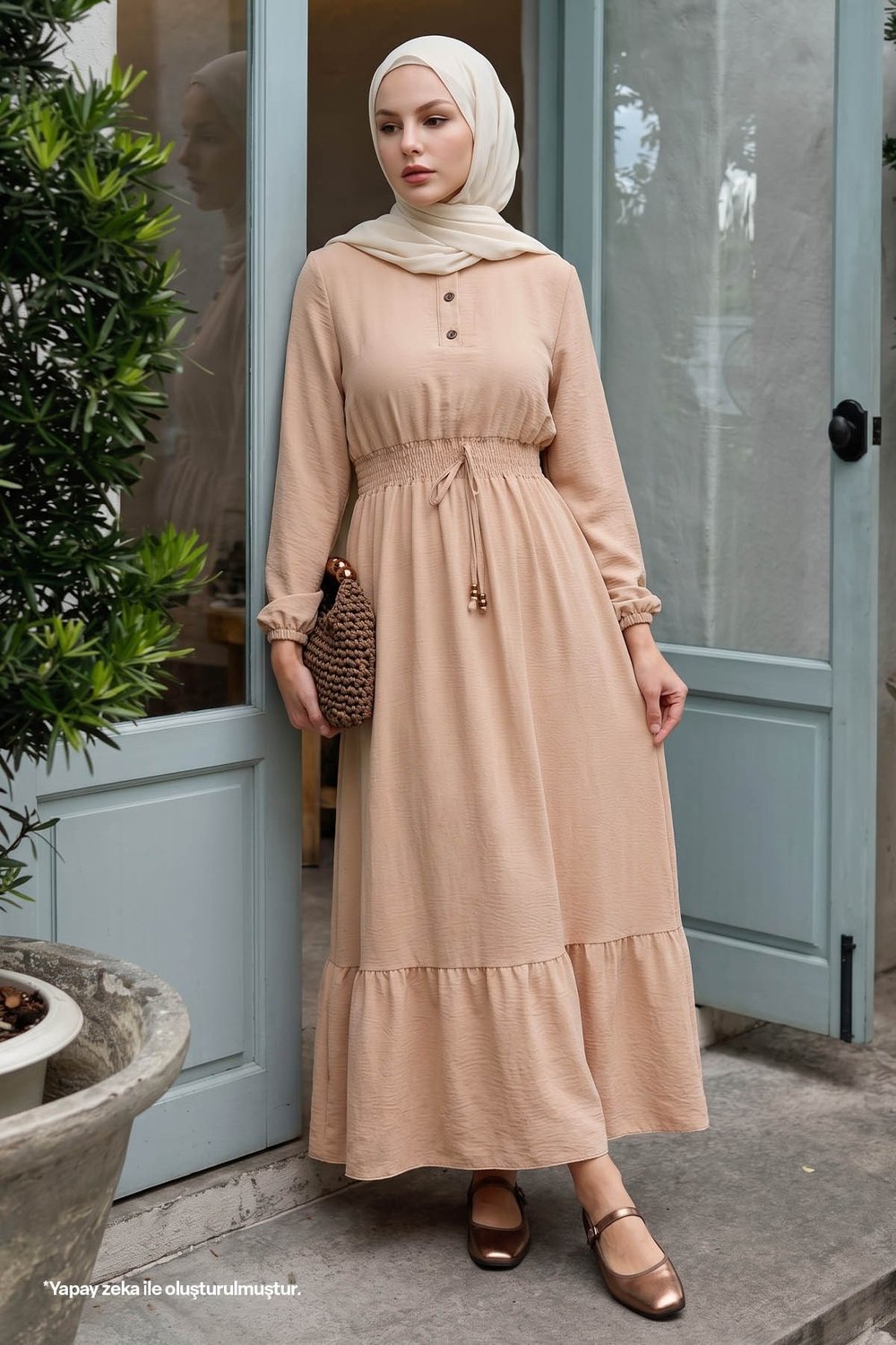 Tena Elastic Waist Ayrobin Dress - Beige