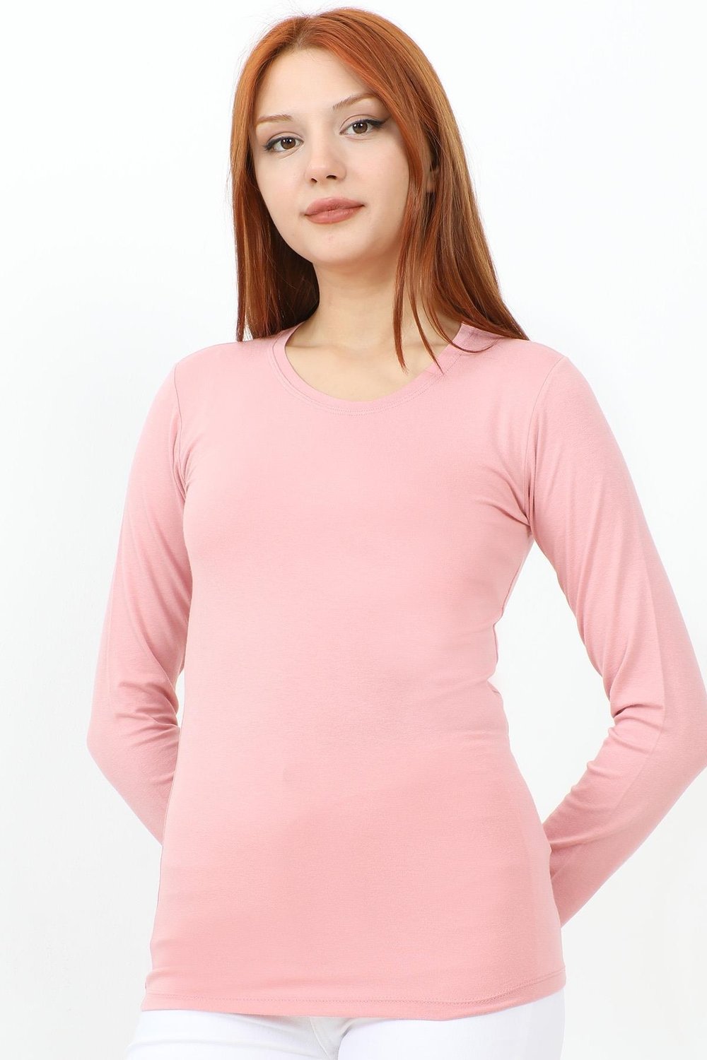 Uzun Kol Bisiklet Yaka Basic Body - Pudra