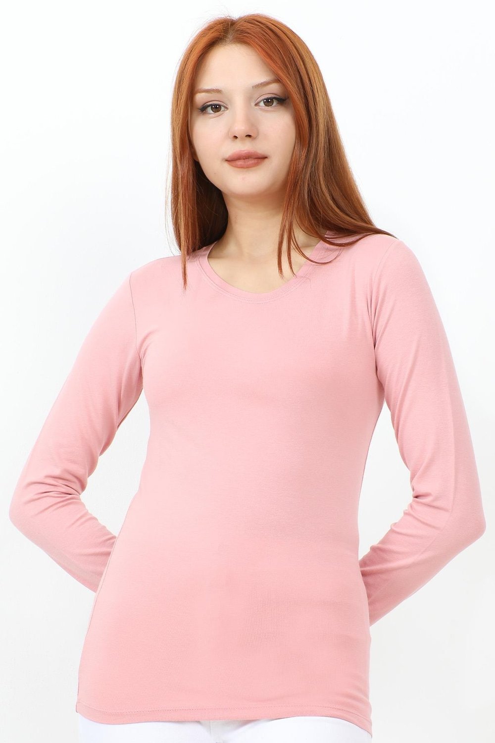 Uzun Kol Bisiklet Yaka Basic Body - Pudra