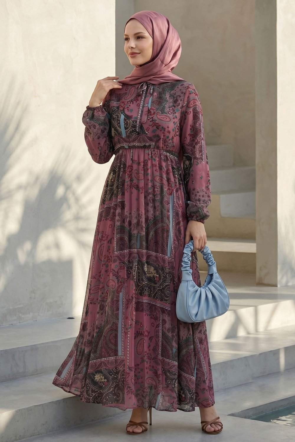 Viera Shawl Patterned Tie Neck Rose Chiffon Dress