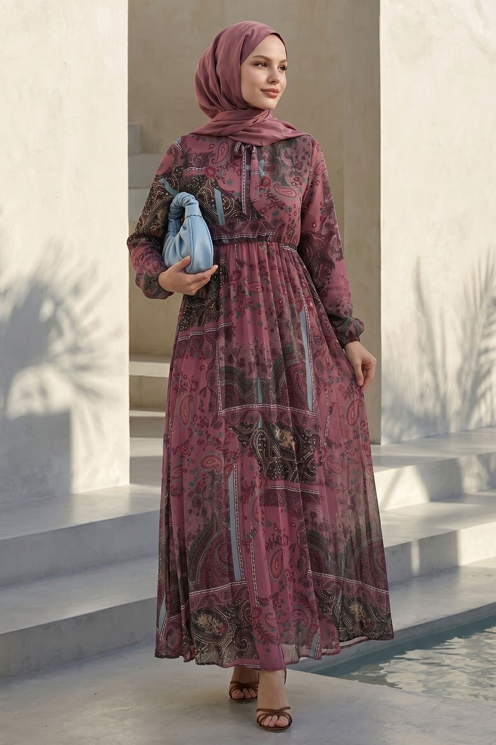 Viera Shawl Patterned Tie Neck Rose Chiffon Dress