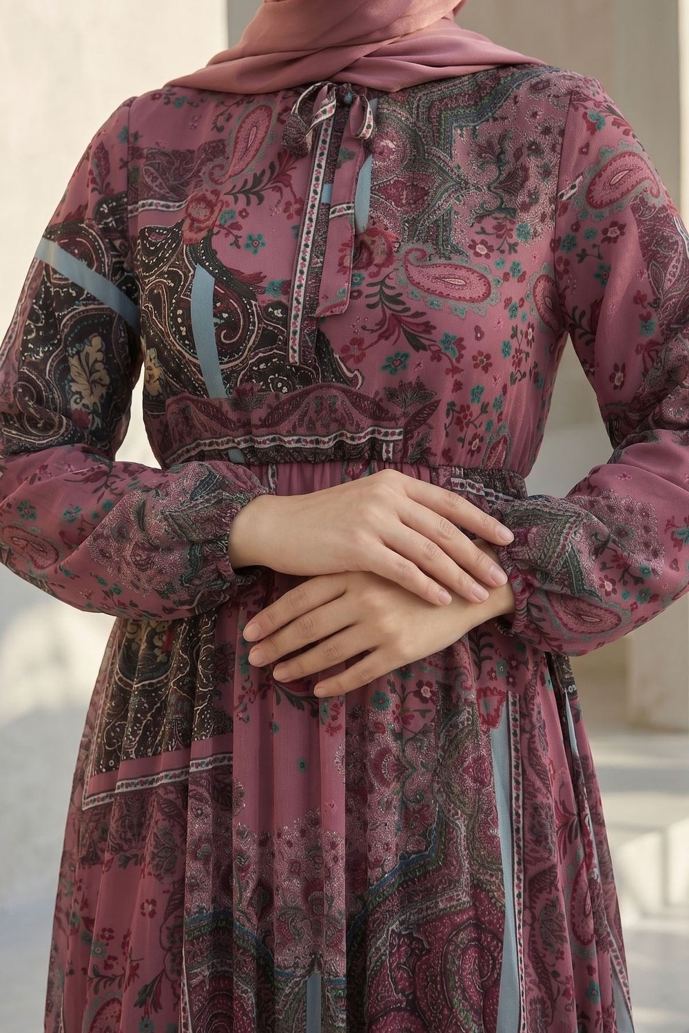 Viera Shawl Patterned Tie Neck Rose Chiffon Dress
