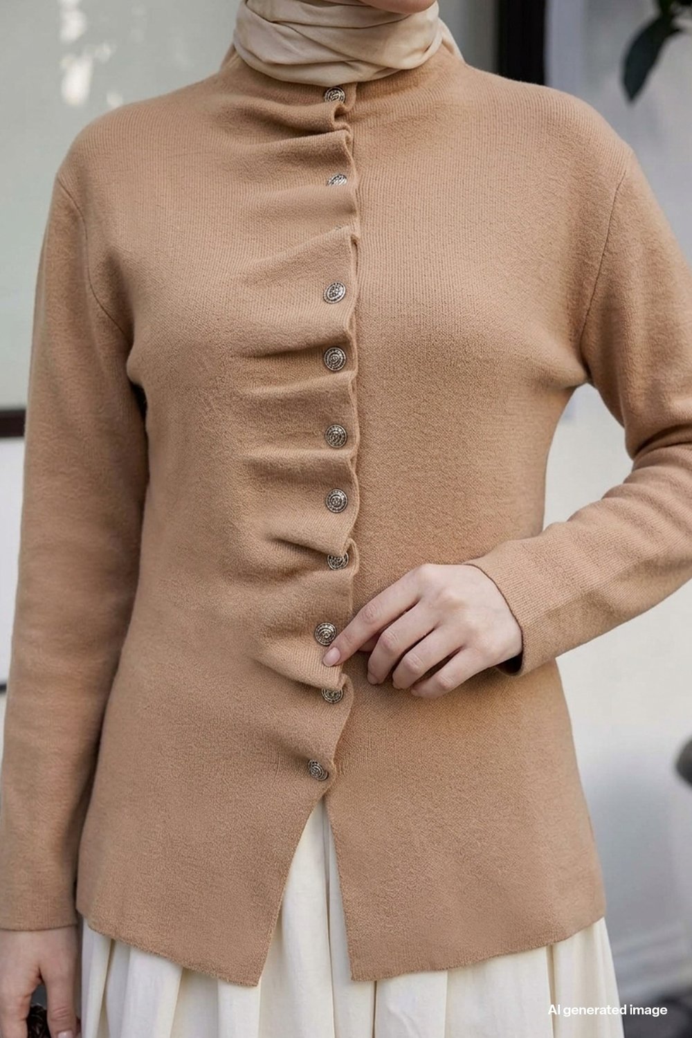 Volanlı Düğmeli Camel Triko Hırka