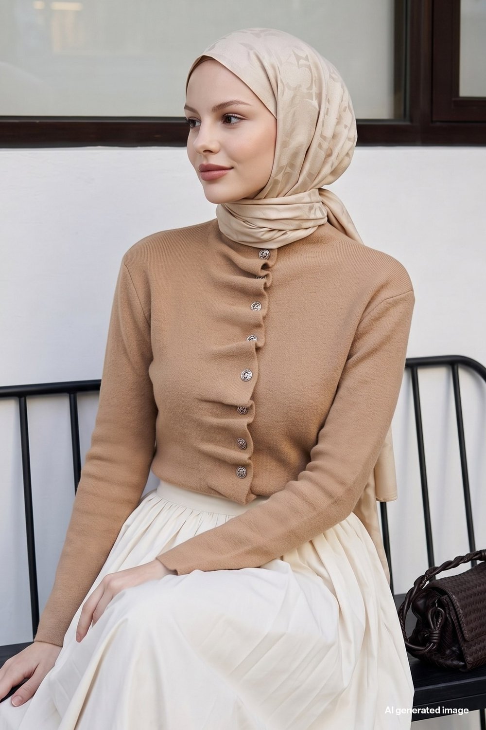 Volanlı Düğmeli Camel Triko Hırka