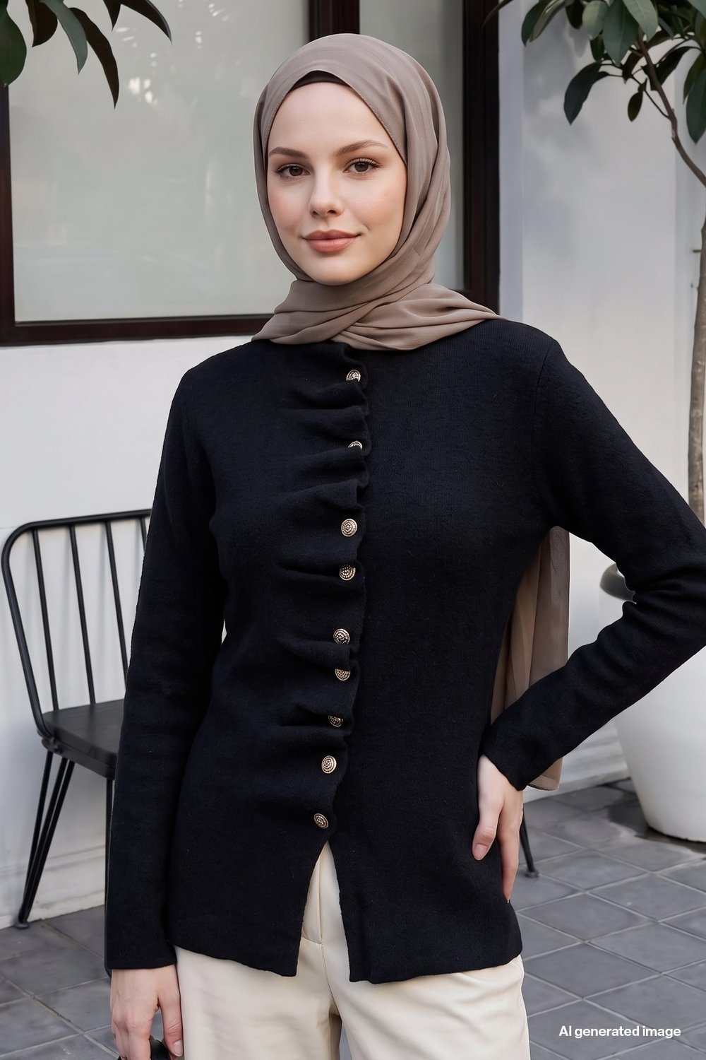 Volanlı Düğmeli Siyah Triko Hırka