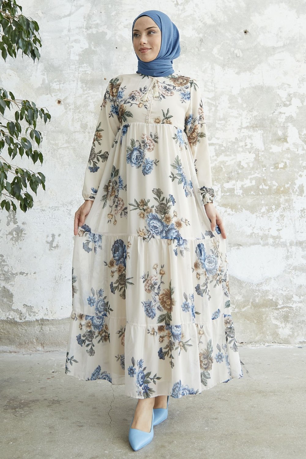 Laced Neck Floral Blue Chiffon Dress