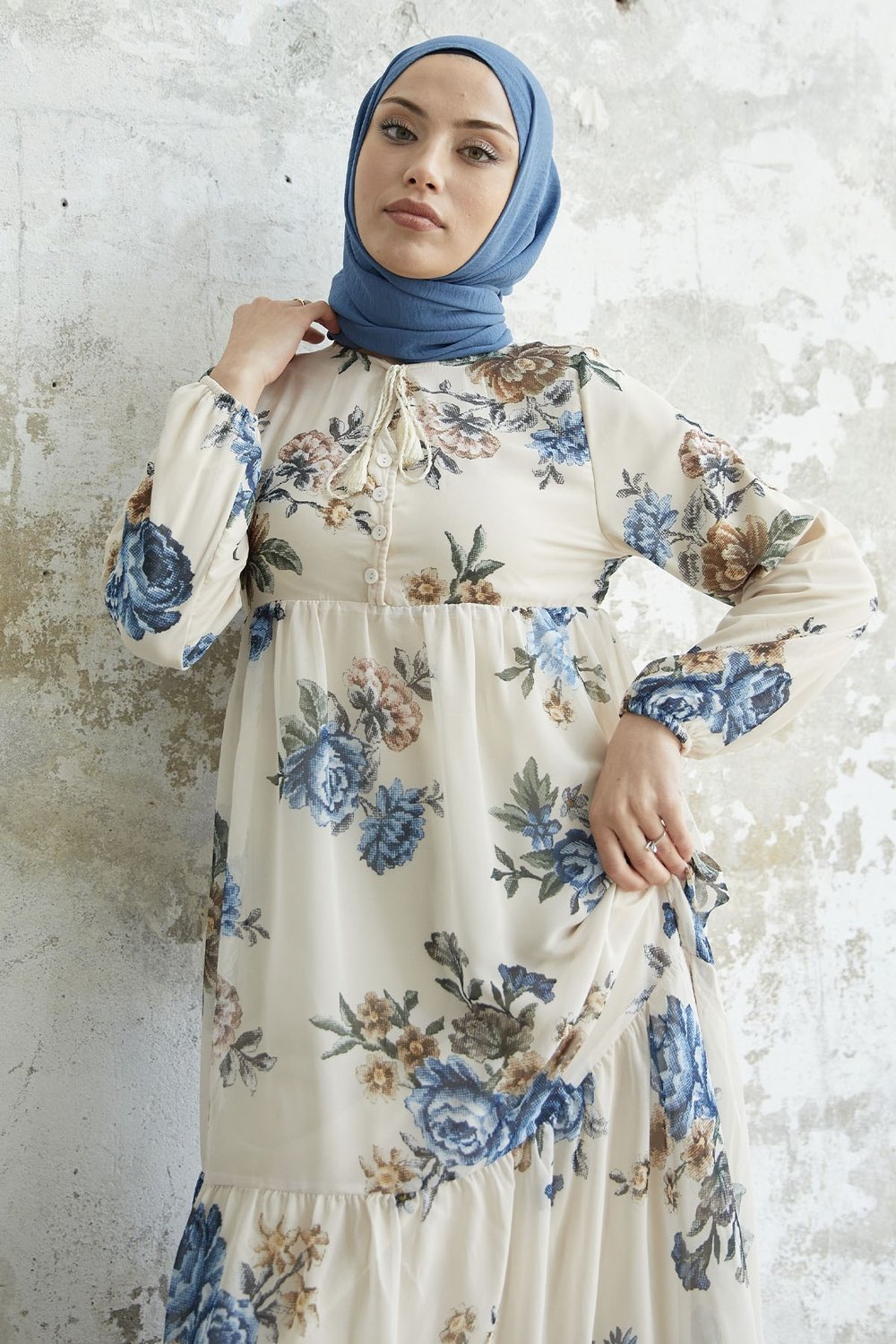 Laced Neck Floral Blue Chiffon Dress