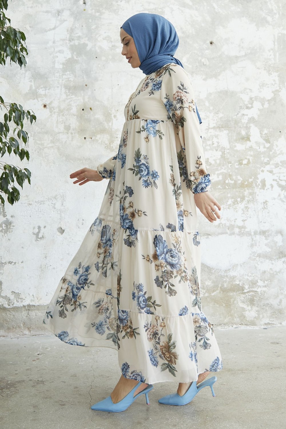 Laced Neck Floral Blue Chiffon Dress