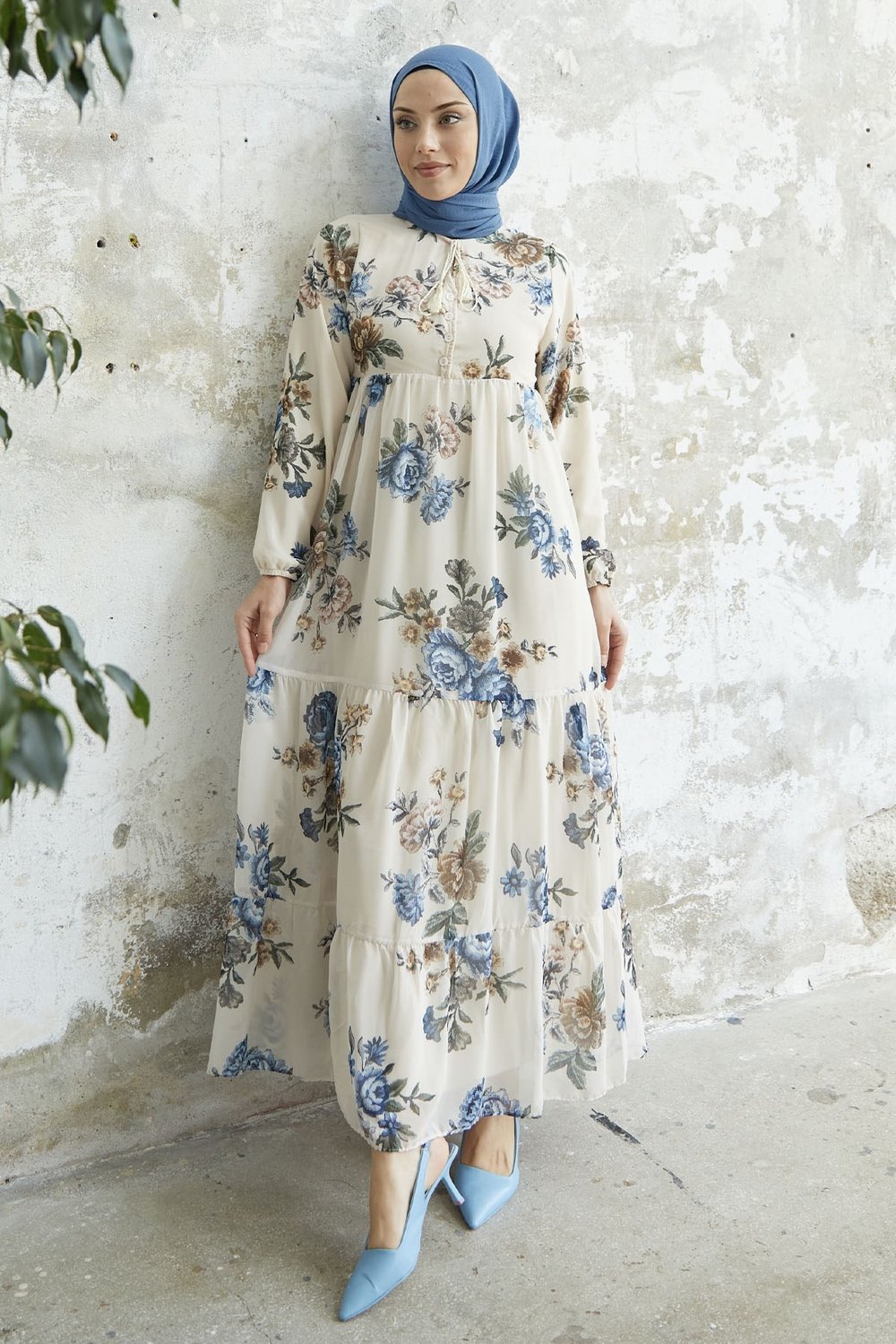 Laced Neck Floral Blue Chiffon Dress