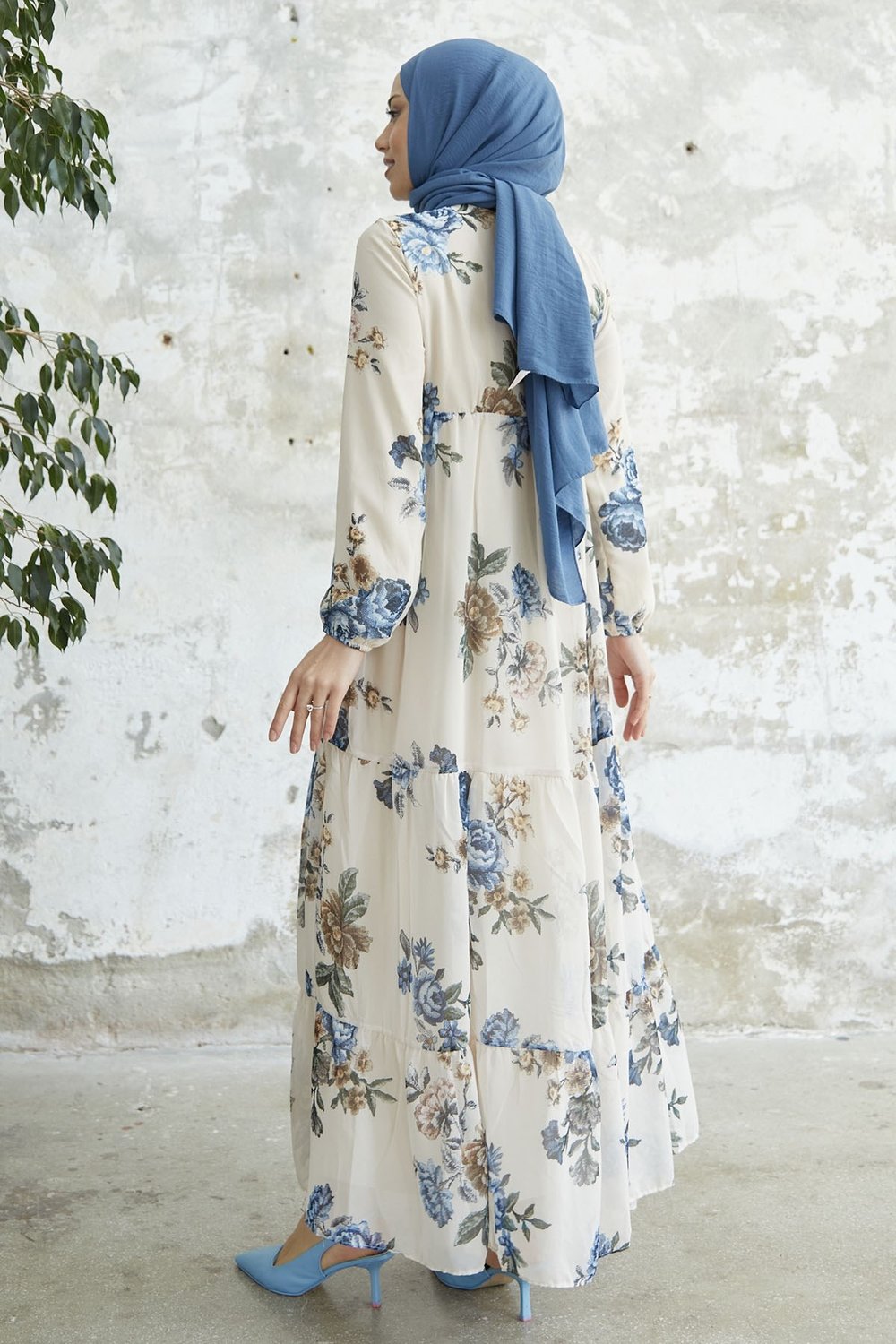 Laced Neck Floral Blue Chiffon Dress
