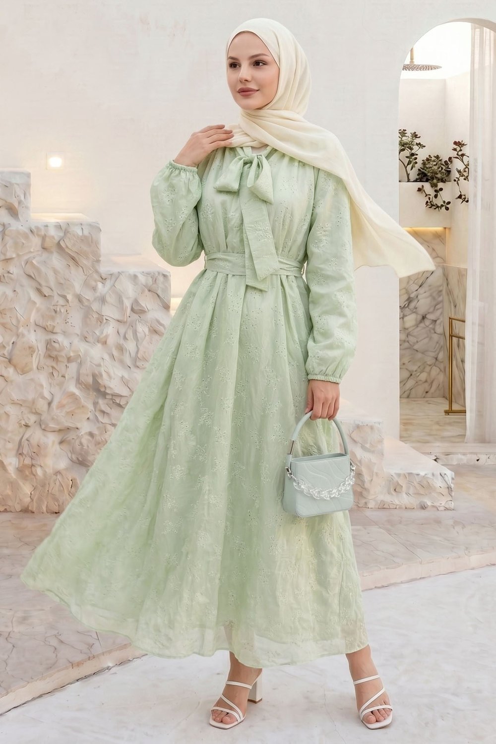Yakası Bağcıklı Kuşaklı Mint Yeşili Brode Elbise