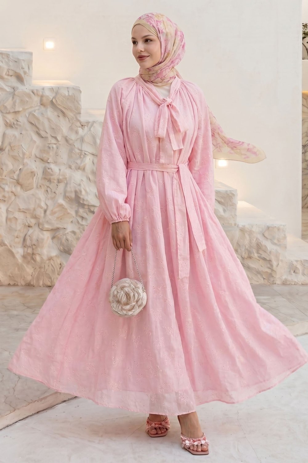 Yakası Bağcıklı Kuşaklı Pembe Elbise