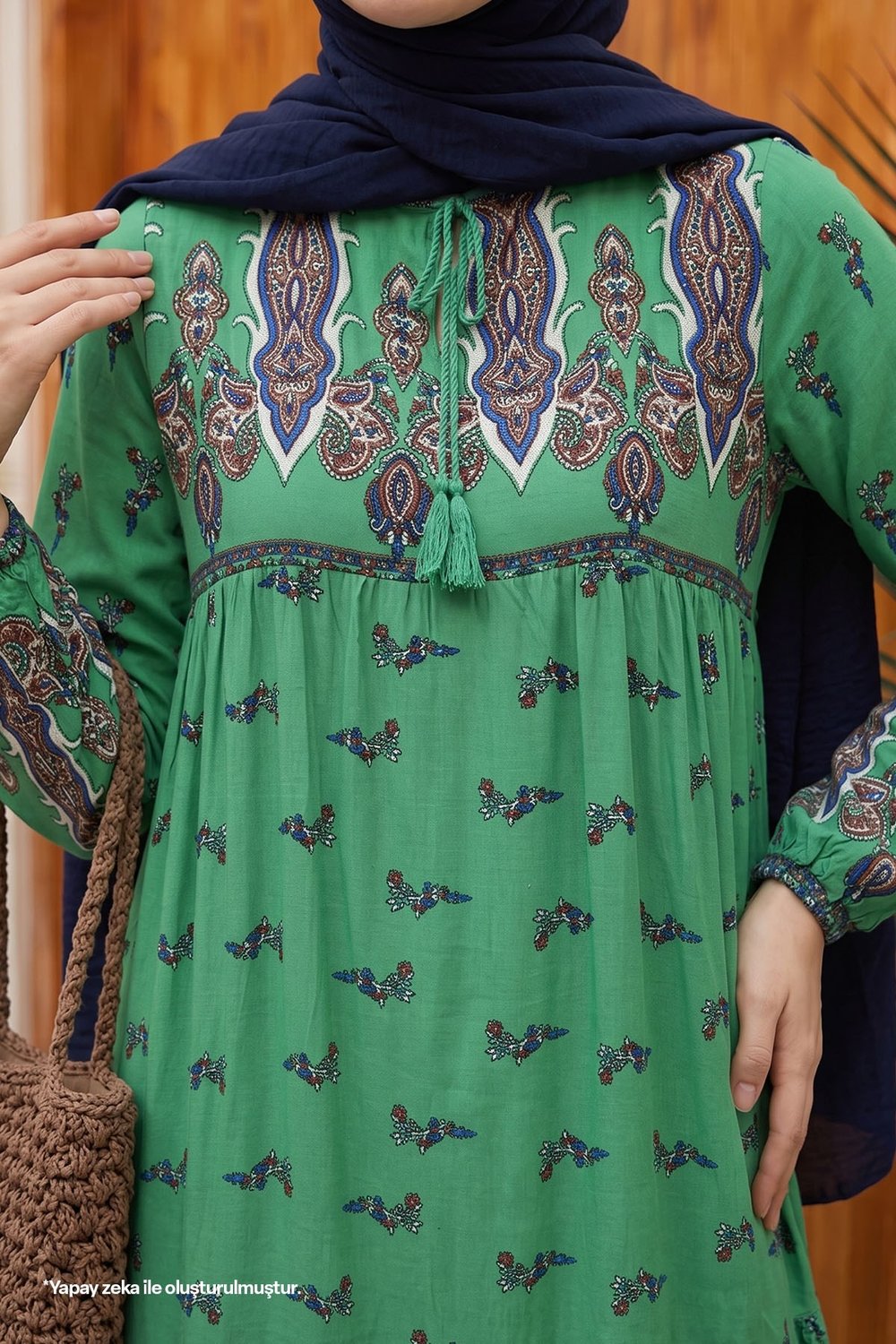 Tied Collar Patterned Green Viscose Dress