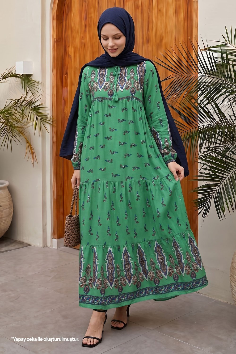 Tied Collar Patterned Green Viscose Dress