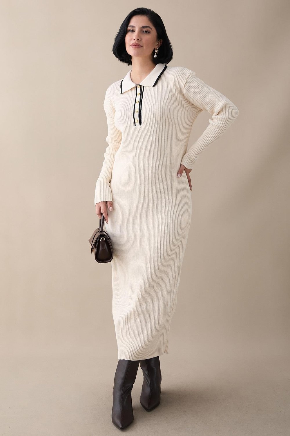Collar Trim Cream Knit Dress
