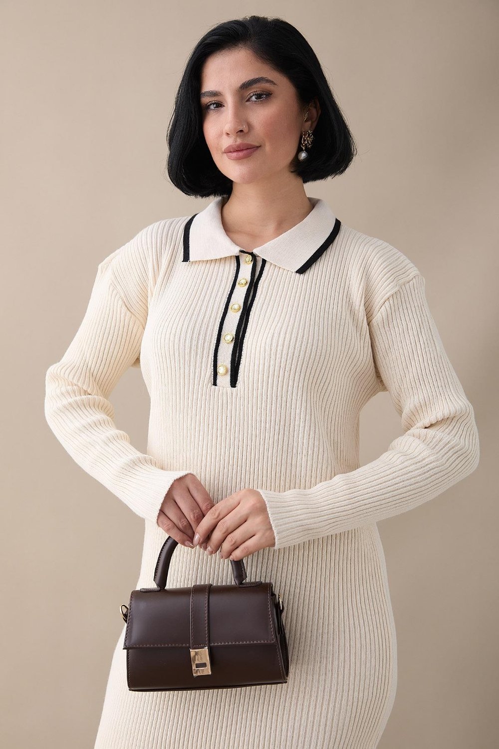 Collar Trim Cream Knit Dress
