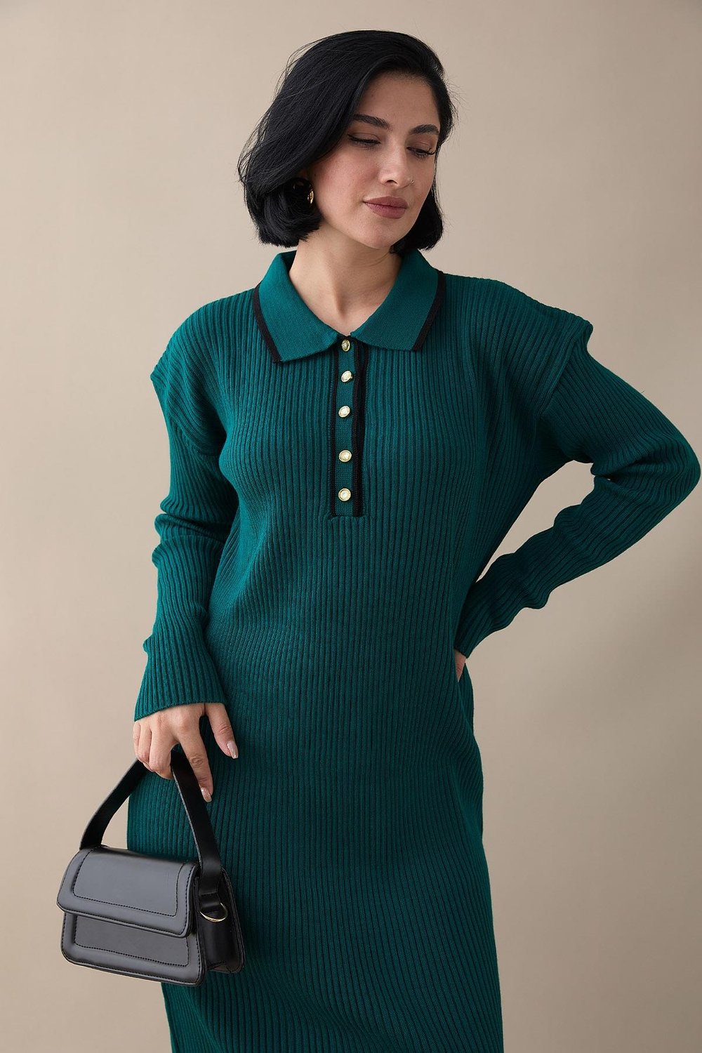 Collar Trim Emerald Knit Dress