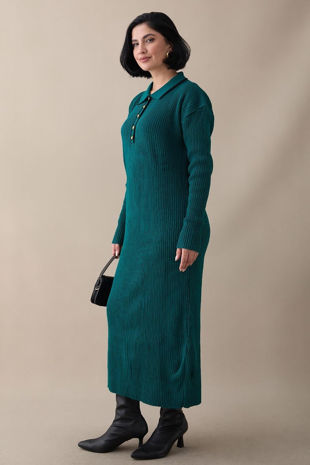 Collar Trim Emerald Knit Dress