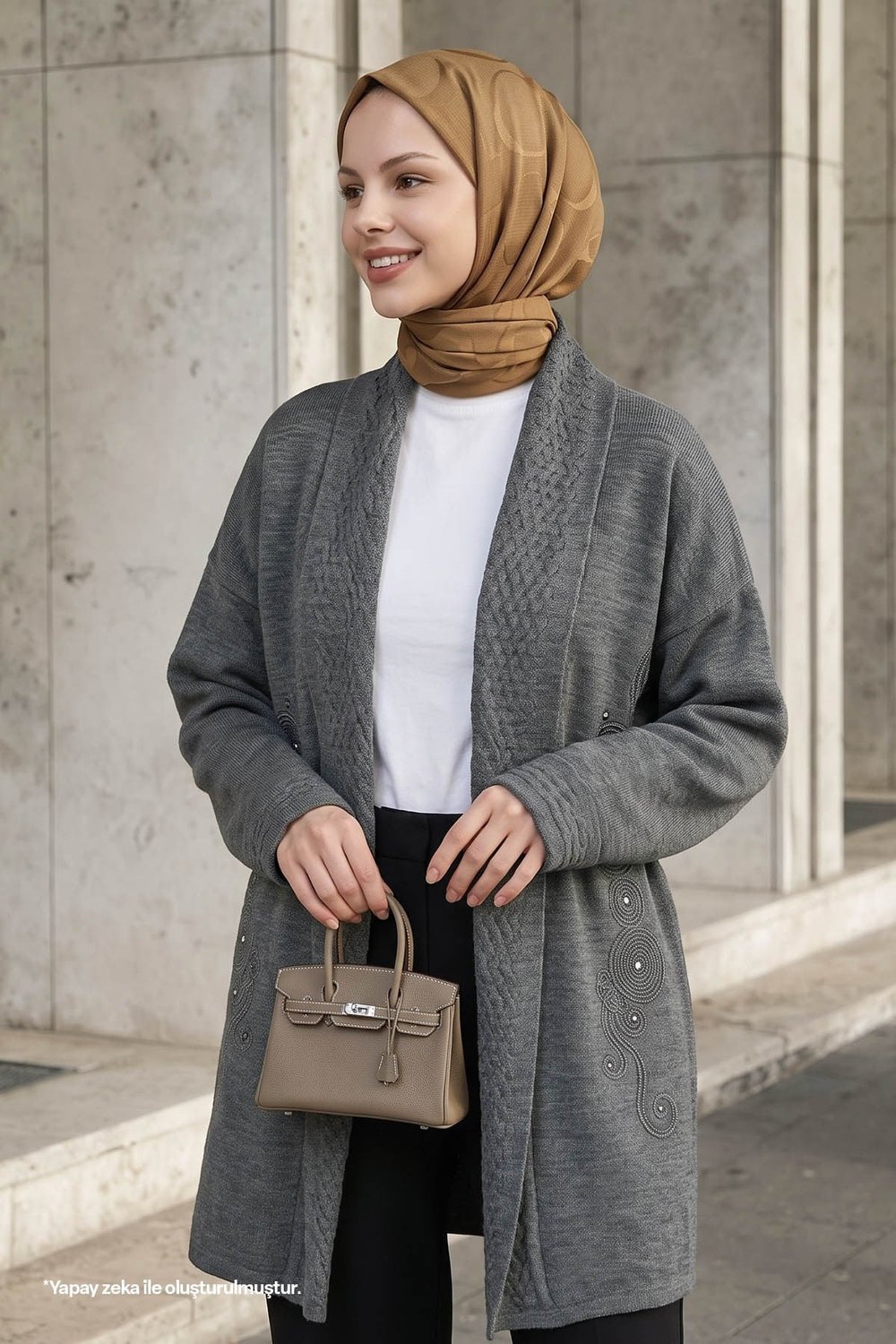 Yakası Desenli Nakışlı Antrasit Triko Ceket