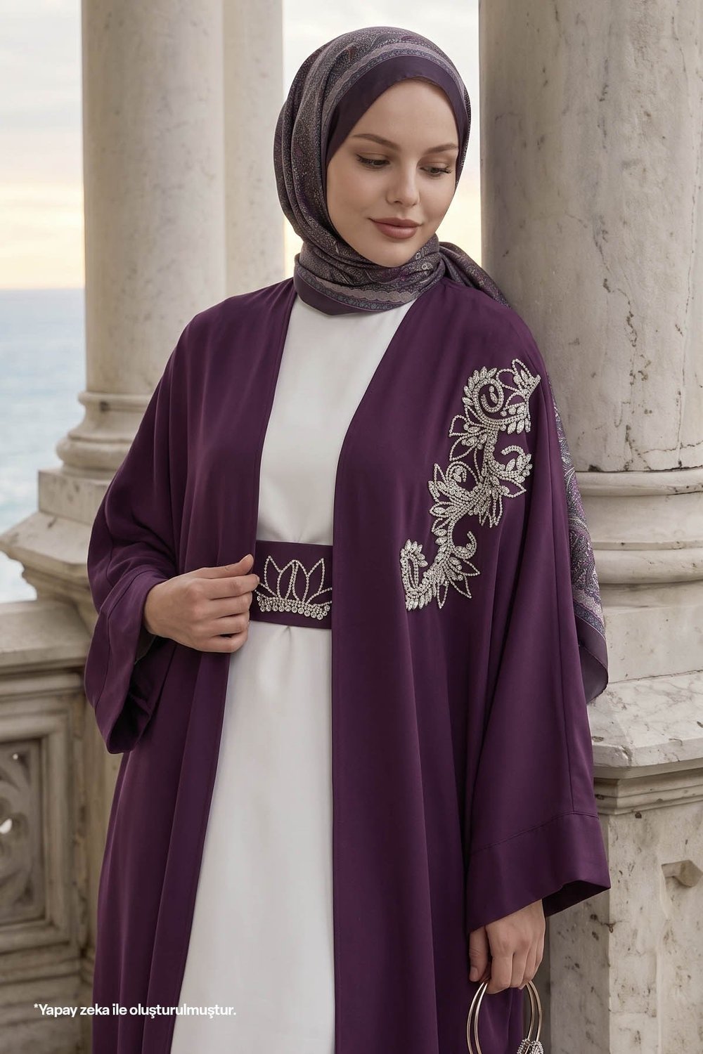 Yakası Taşlı Yarasa Kol Elbiseli Abaya Mor
